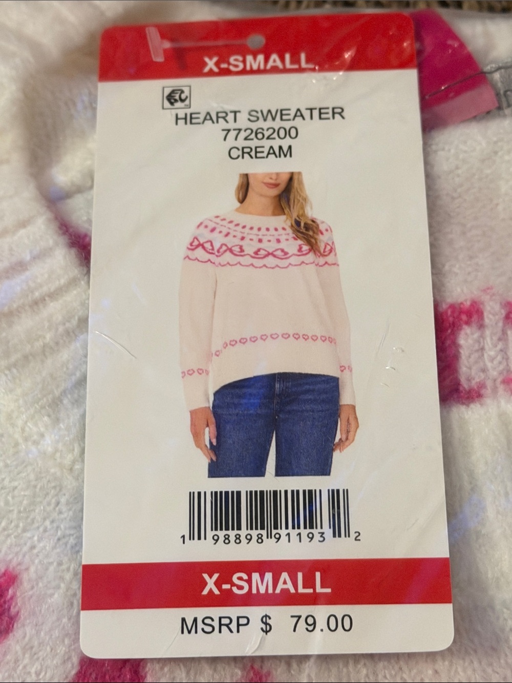 Vince Camuto Cream Crewneck Sweater with Pink Heart Motif